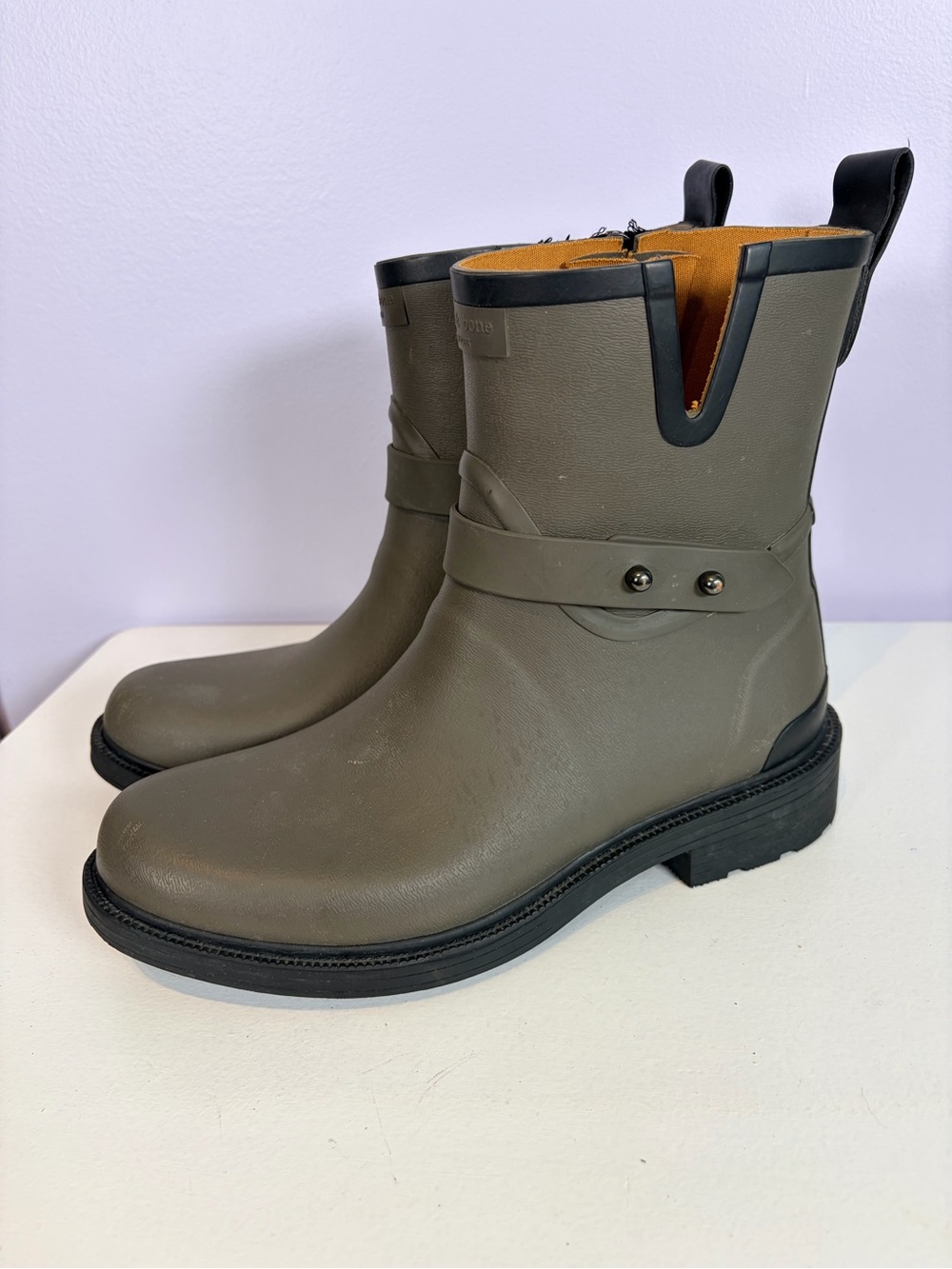 rag & bone Designer Olive Green Short Rain Boots with Black Trim